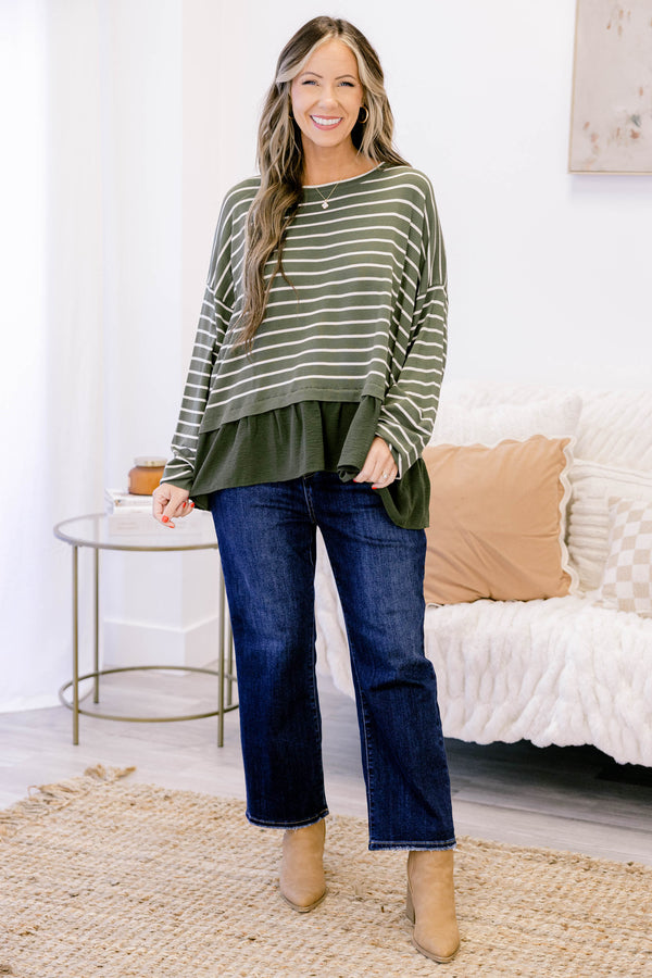 Chic Soul plus size clothing, olive green long sleeve top with white thin horizontal stripes and ruffle hem
