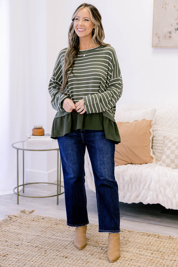 Chic Soul plus size clothing, olive green long sleeve top with white thin horizontal stripes and ruffle hem