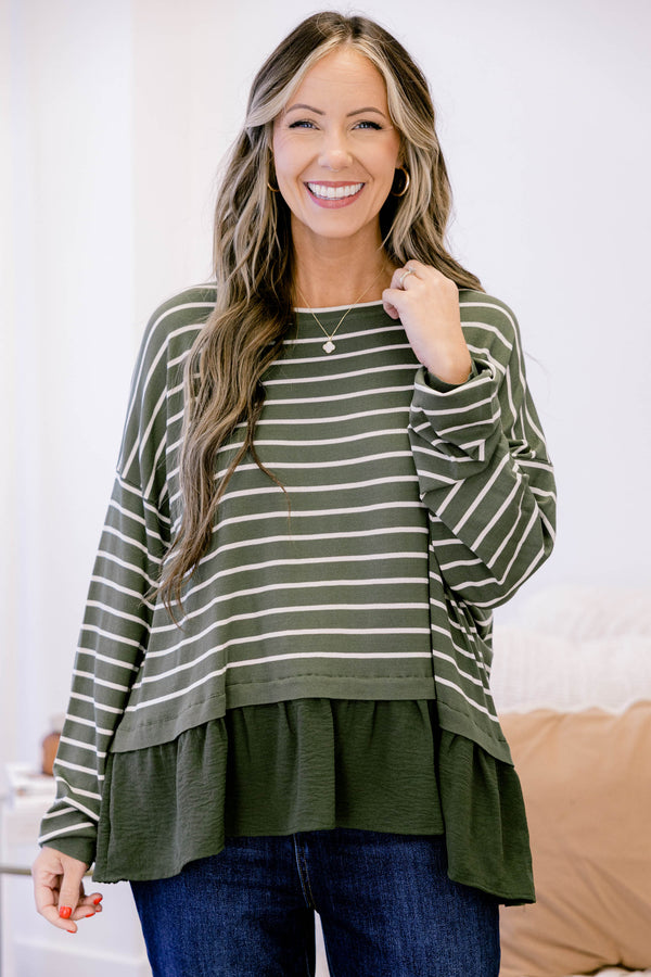 Chic Soul plus size clothing, olive green long sleeve top with white thin horizontal stripes and ruffle hem