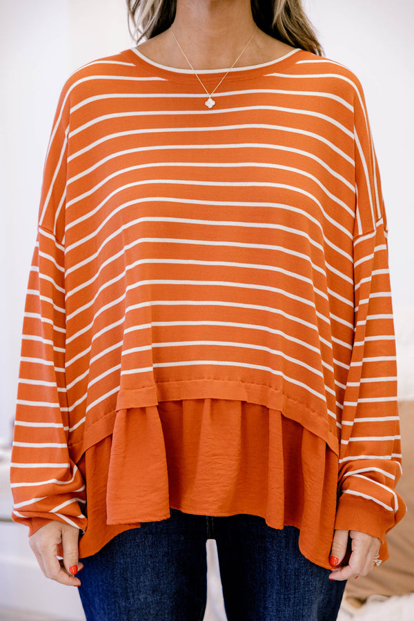 Chic Soul plus size clothing, rust red long sleeve top with white thin horizontal stripes and a ruffle hem