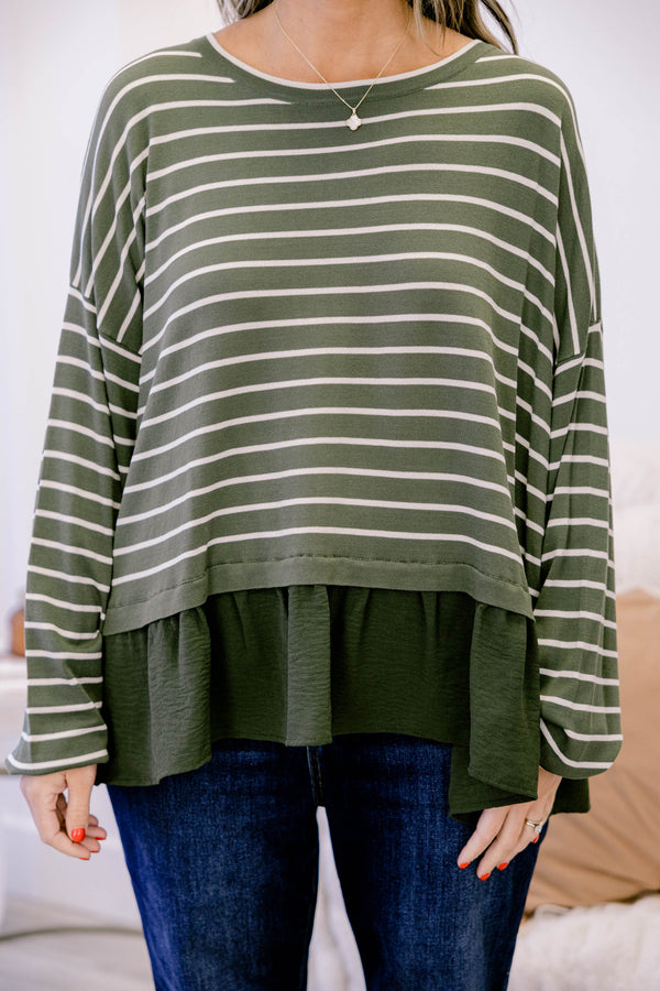Chic Soul plus size clothing, olive green long sleeve top with white thin horizontal stripes and ruffle hem