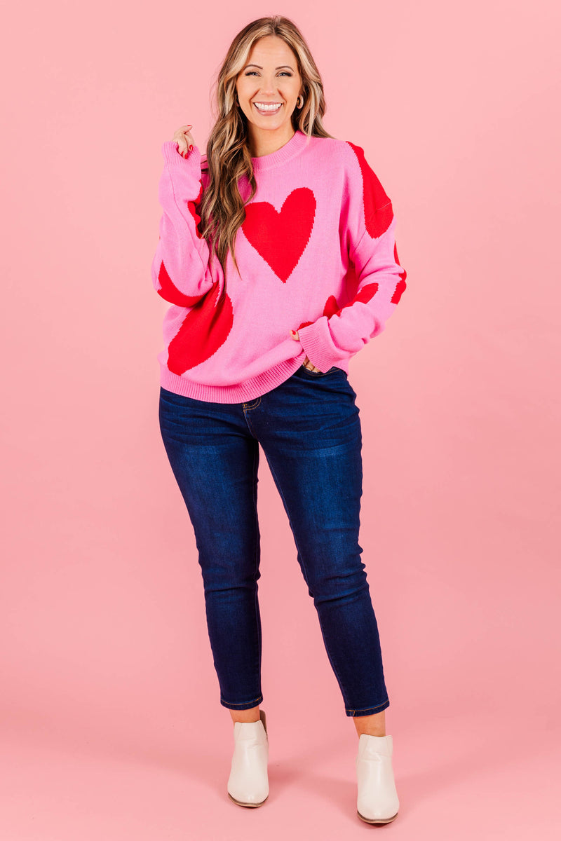 Pink sweater with red clearance hearts