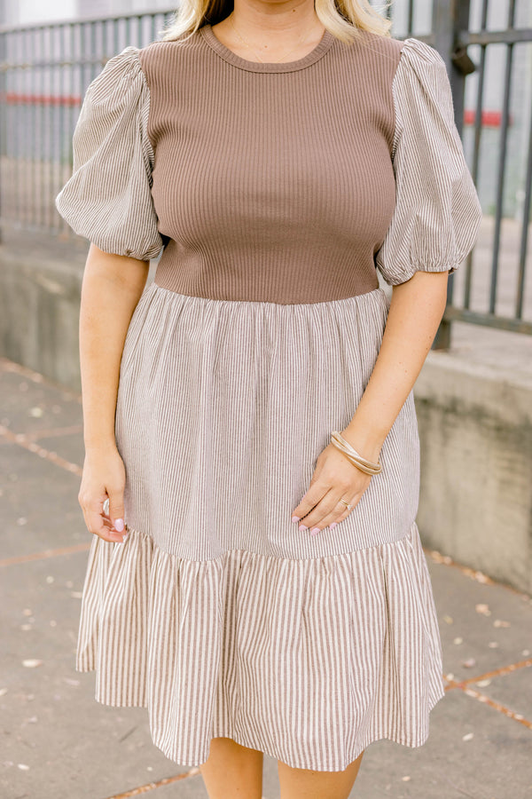Chic Soul plus size clothing, brown and white pin stripe puff sleeve dress with a solid brown top