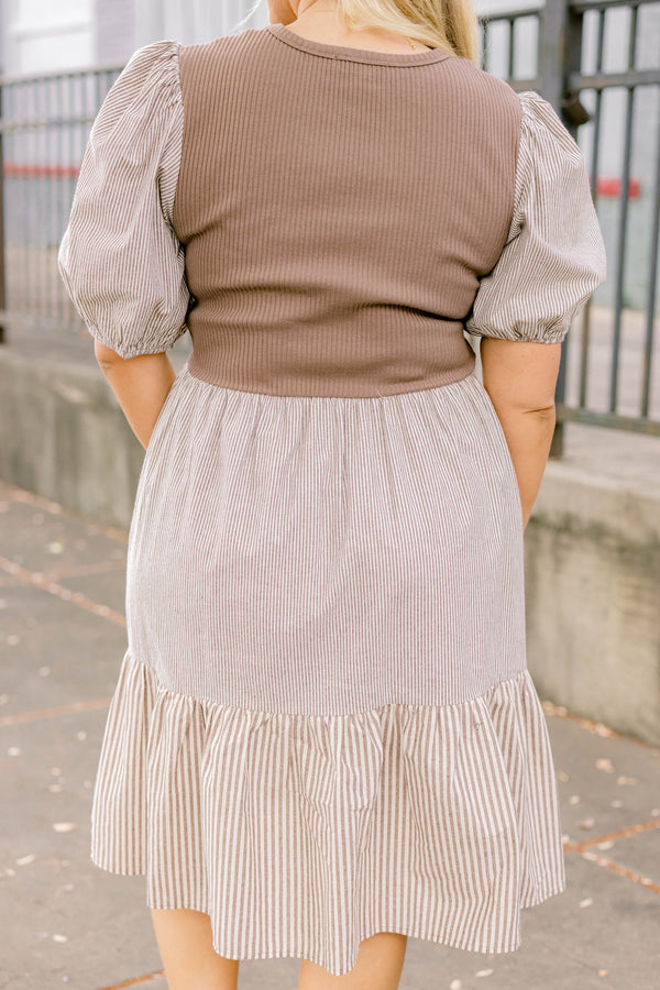 Chic Soul plus size clothing, brown and white pin stripe puff sleeve dress with a solid brown top