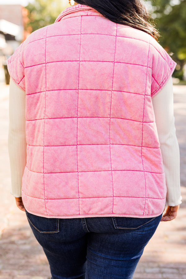 Chic Soul plus size clothing, pink quilted short sleeve vest with zipper and collar detail with side pockets