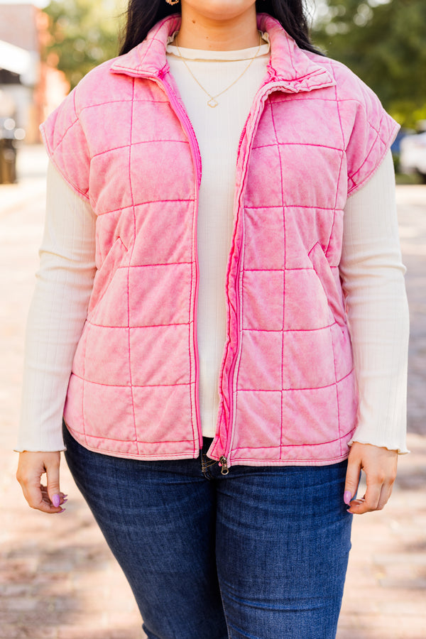 Chic Soul plus size clothing, pink quilted short sleeve vest with zipper and collar detail with side pockets