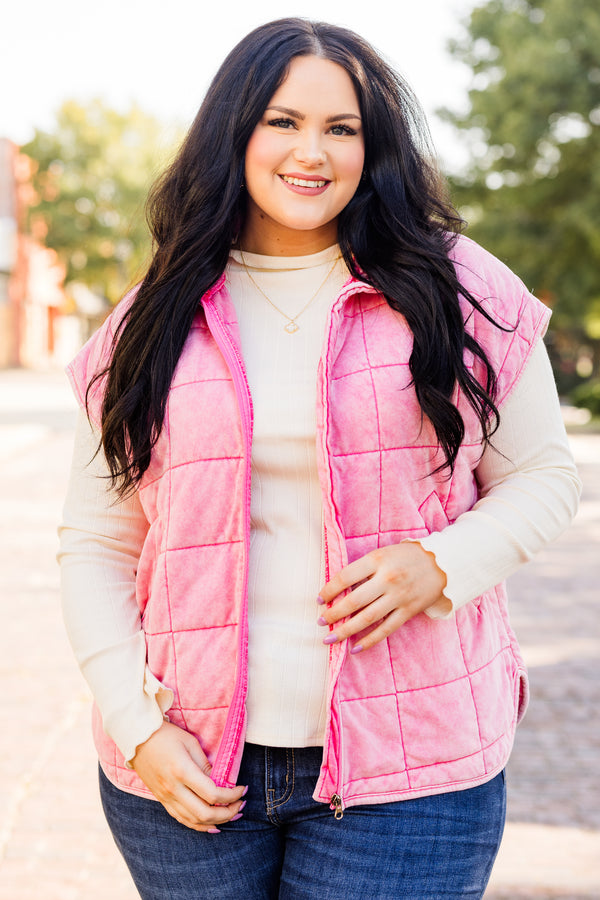 Chic Soul plus size clothing, pink quilted short sleeve vest with zipper and collar detail with side pockets
