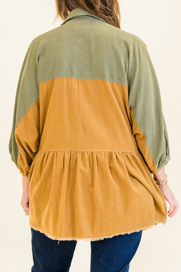 Chic Soul plus size clothing, bubble-quarter-sleeve rust mix buttoned collared corduroy rust mix baby doll top with distressed detailing along stitching and gold button details