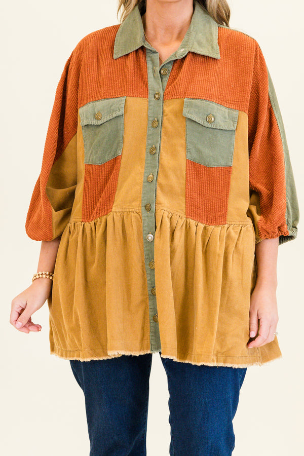 Chic Soul plus size clothing, bubble-quarter-sleeve rust mix buttoned collared corduroy rust mix baby doll top with distressed detailing along stitching and gold button details
