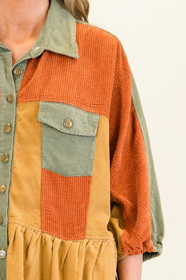 Chic Soul plus size clothing, bubble-quarter-sleeve rust mix buttoned collared corduroy rust mix baby doll top with distressed detailing along stitching and gold button details