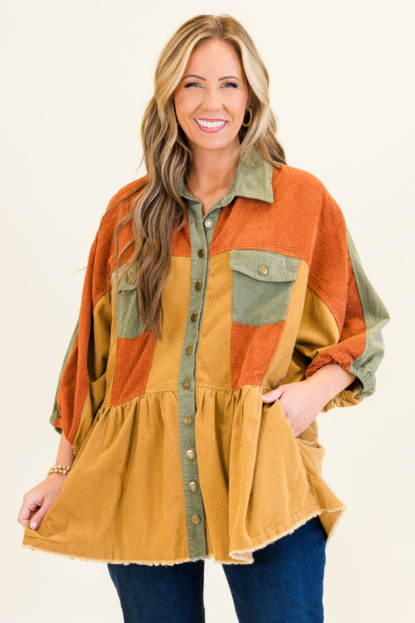 Chic Soul plus size clothing, bubble-quarter-sleeve rust mix buttoned collared corduroy rust mix baby doll top with distressed detailing along stitching and gold button details