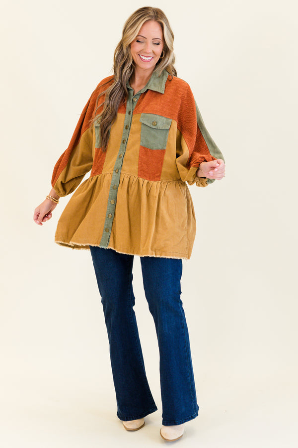 Chic Soul plus size clothing, bubble-quarter-sleeve rust mix buttoned collared corduroy rust mix baby doll top with distressed detailing along stitching and gold button details