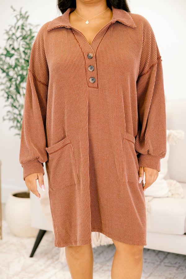 Chic Soul plus size clothing, brown ribbed long sleeve dress with collar and 1/4 button down front with wooden buttons and two front pockets