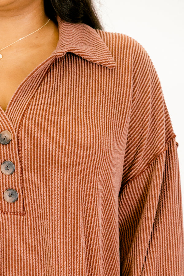 Chic Soul plus size clothing, brown ribbed long sleeve dress with collar and 1/4 button down front with wooden buttons and two front pockets