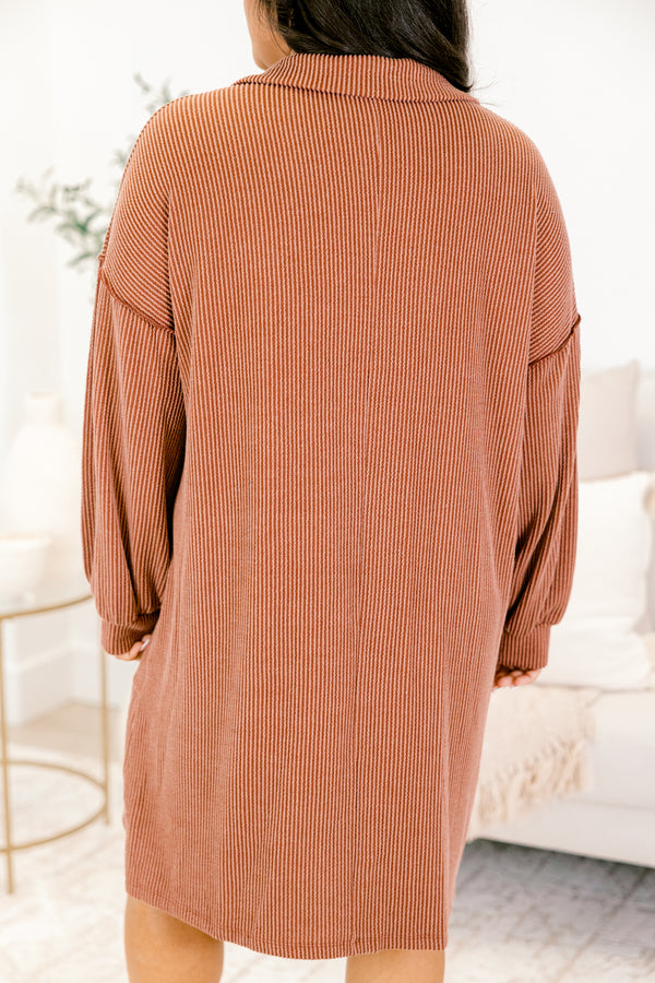 Chic Soul plus size clothing, brown ribbed long sleeve dress with collar and 1/4 button down front with wooden buttons and two front pockets