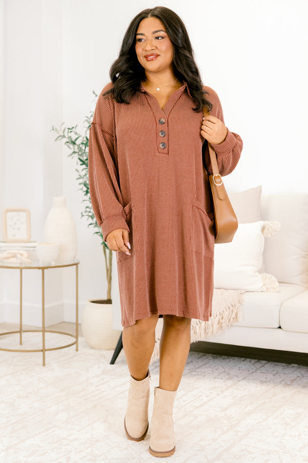 Chic Soul plus size clothing, brown ribbed long sleeve dress with collar and 1/4 button down front with wooden buttons and two front pockets