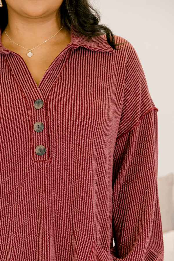 Chic Soul plus size clothing, red ribbed long sleeve dress with collar and 1/4 button down front with wooden buttons and two front pockets