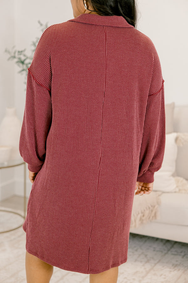 Chic Soul plus size clothing, red ribbed long sleeve dress with collar and 1/4 button down front with wooden buttons and two front pockets