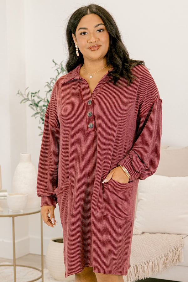 Chic Soul plus size clothing, red ribbed long sleeve dress with collar and 1/4 button down front with wooden buttons and two front pockets