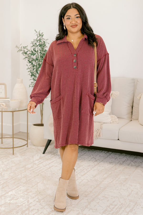 Chic Soul plus size clothing, red ribbed long sleeve dress with collar and 1/4 button down front with wooden buttons and two front pockets