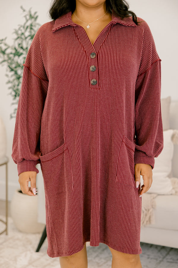 Chic Soul plus size clothing, red ribbed long sleeve dress with collar and 1/4 button down front with wooden buttons and two front pockets