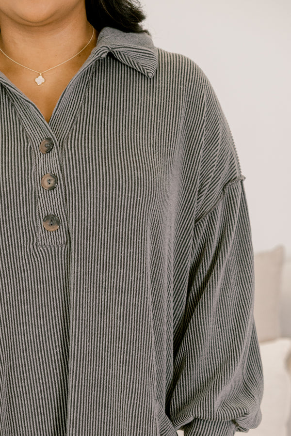 Chic Soul plus size clothing, charcoal ribbed long sleeve dress with collar and 1/4 button down front with wooden buttons and two front pockets