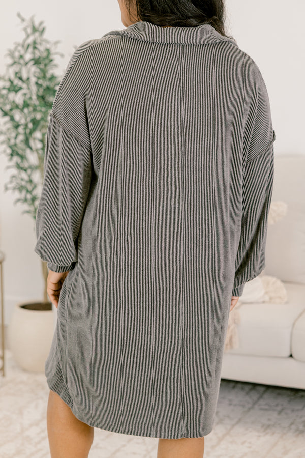 Chic Soul plus size clothing, charcoal ribbed long sleeve dress with collar and 1/4 button down front with wooden buttons and two front pockets