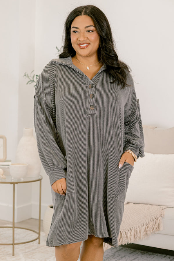 Chic Soul plus size clothing, charcoal ribbed long sleeve dress with collar and 1/4 button down front with wooden buttons and two front pockets