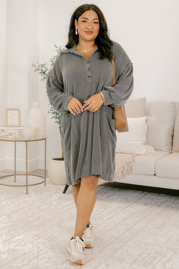 Chic Soul plus size clothing, charcoal ribbed long sleeve dress with collar and 1/4 button down front with wooden buttons and two front pockets