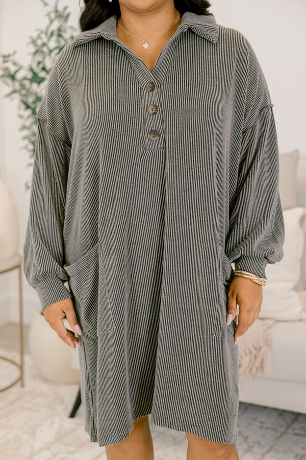Chic Soul plus size clothing, charcoal ribbed long sleeve dress with collar and 1/4 button down front with wooden buttons and two front pockets