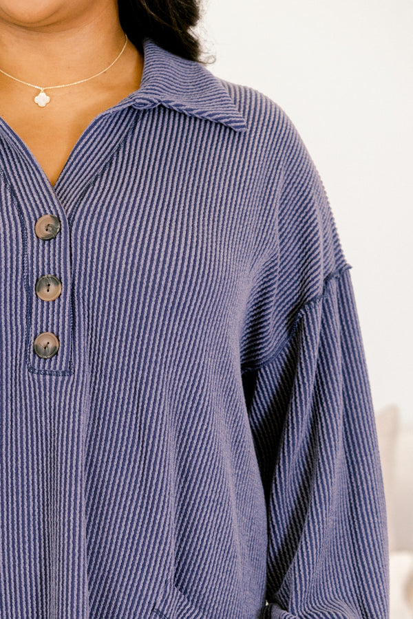 Chic Soul plus size clothing, navy ribbed long sleeve dress with collar and 1/4 button down front with wooden buttons and two front pockets