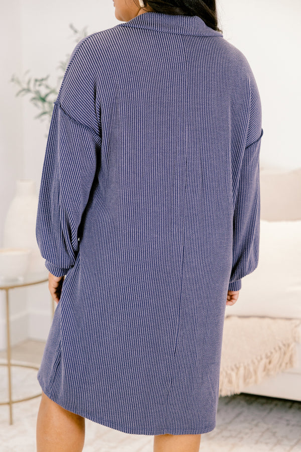 Chic Soul plus size clothing, navy ribbed long sleeve dress with collar and 1/4 button down front with wooden buttons and two front pockets
