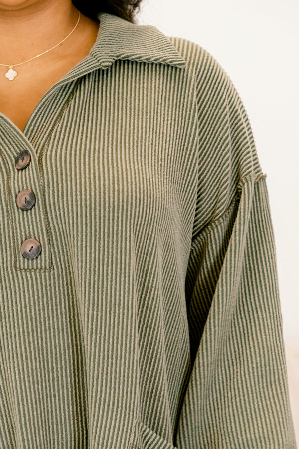 Chic Soul plus size clothing, olive green ribbed long sleeve short shirt dress with 3 buttons down the neckline and 2 front square pockets