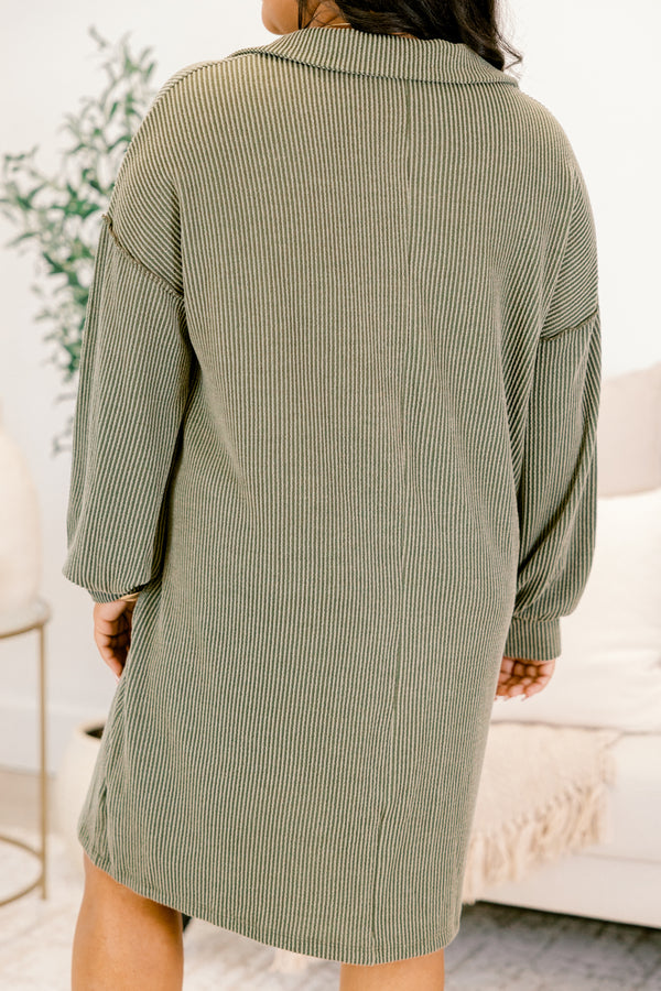 Chic Soul plus size clothing, olive green ribbed long sleeve short shirt dress with 3 buttons down the neckline and 2 front square pockets
