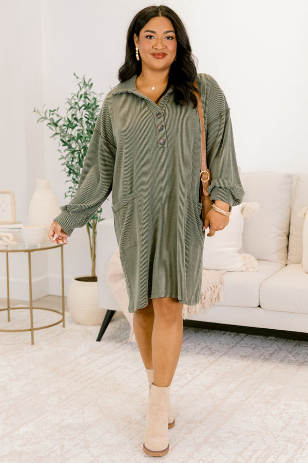 Chic Soul plus size clothing, olive green ribbed long sleeve short shirt dress with 3 buttons down the neckline and 2 front square pockets