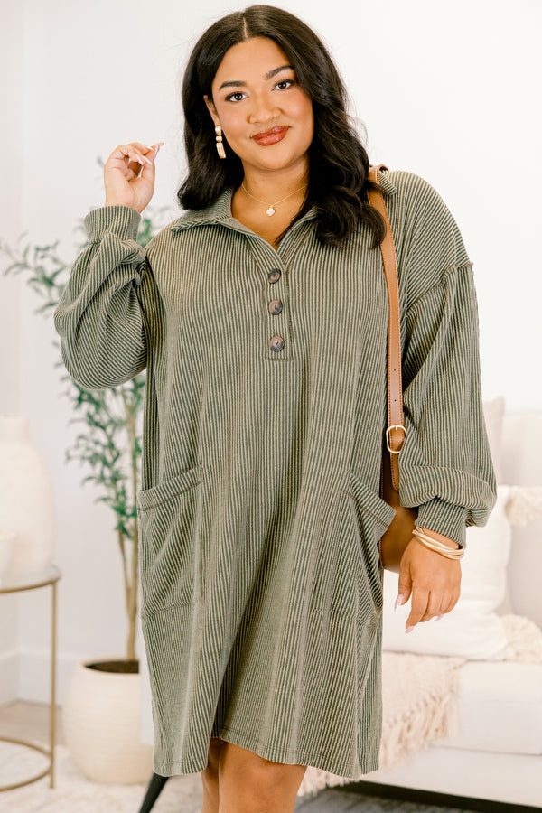 Chic Soul plus size clothing, olive green ribbed long sleeve short shirt dress with 3 buttons down the neckline and 2 front square pockets