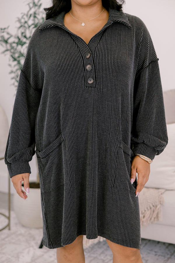 Chic Soul plus size clothing, slate gray ribbed long sleeve dress with collar and 1/4 button down front with wooden buttons and two front pockets