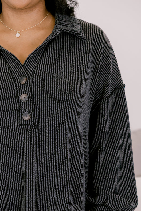 Chic Soul plus size clothing, slate gray ribbed long sleeve dress with collar and 1/4 button down front with wooden buttons and two front pockets