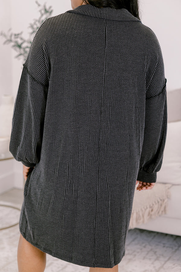 Chic Soul plus size clothing, slate gray ribbed long sleeve dress with collar and 1/4 button down front with wooden buttons and two front pockets