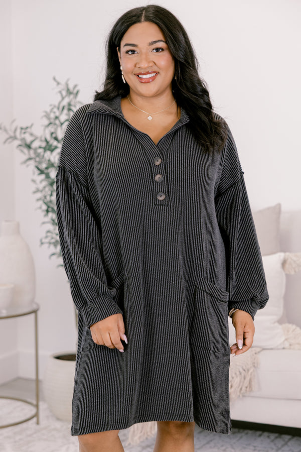 Chic Soul plus size clothing, slate gray ribbed long sleeve dress with collar and 1/4 button down front with wooden buttons and two front pockets