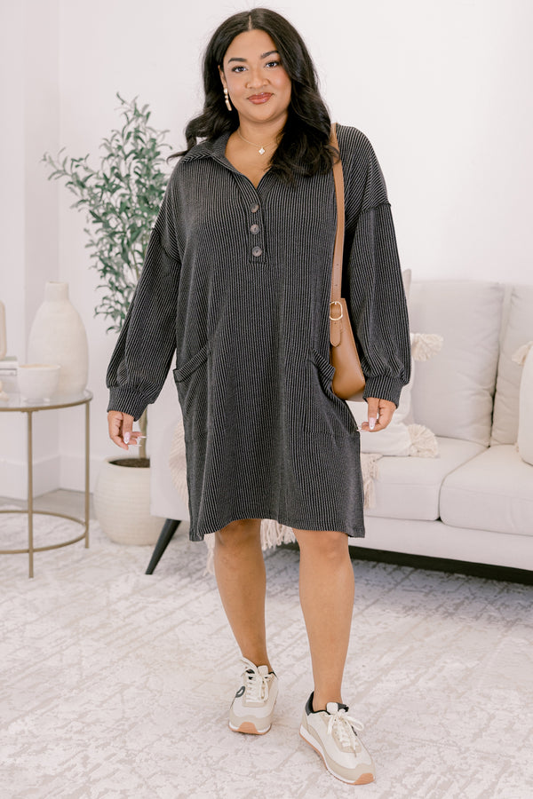Chic Soul plus size clothing, slate gray ribbed long sleeve dress with collar and 1/4 button down front with wooden buttons and two front pockets