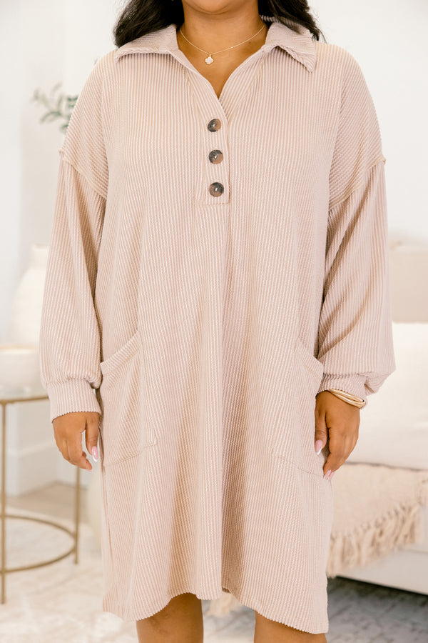 Chic Soul plus size clothing, light tan long sleeve button up collared dress with front lower pockets