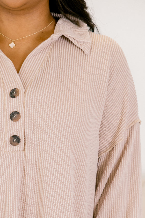 Chic Soul plus size clothing, light tan long sleeve button up collared dress with front lower pockets