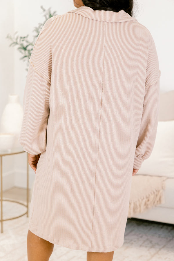 Chic Soul plus size clothing, light tan long sleeve button up collared dress with front lower pockets