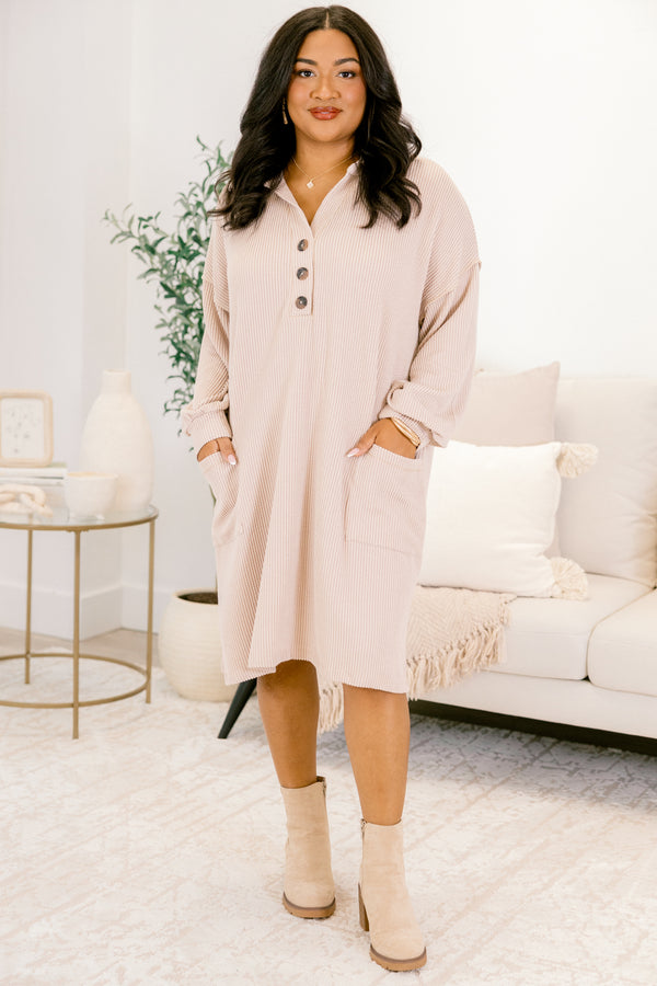 Chic Soul plus size clothing, light tan long sleeve button up collared dress with front lower pockets