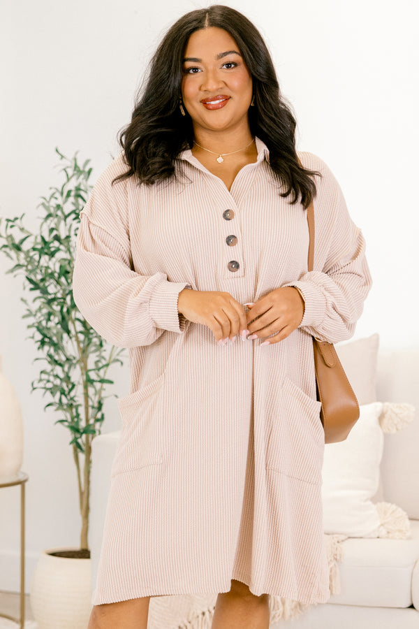 Chic Soul plus size clothing, light tan long sleeve button up collared dress with front lower pockets