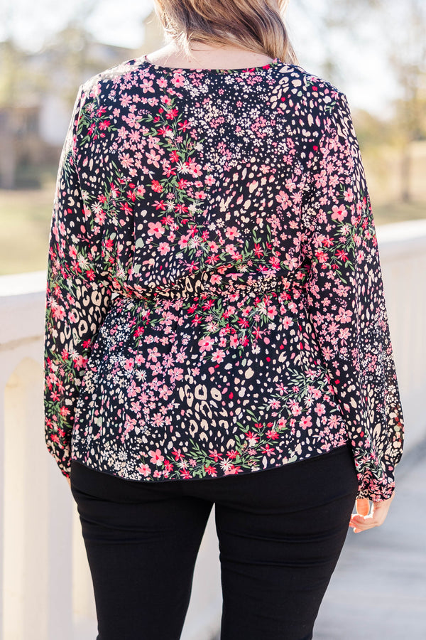 Chic Soul plus size clothing, black and pink multicolored floral flowy long sleeve top