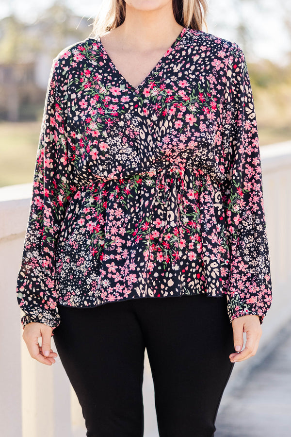 Chic Soul plus size clothing, black and pink multicolored floral flowy long sleeve top