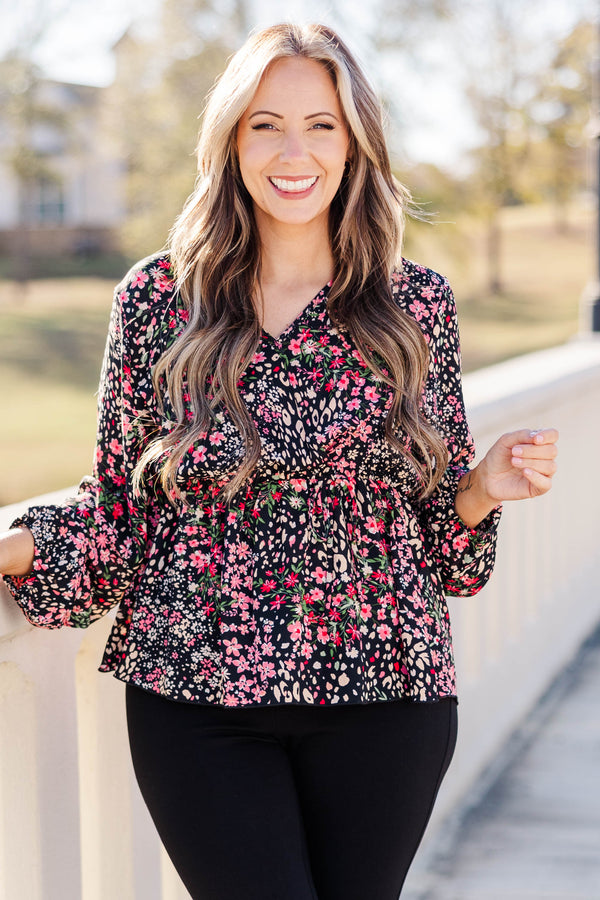 Chic Soul plus size clothing, black and pink multicolored floral flowy long sleeve top