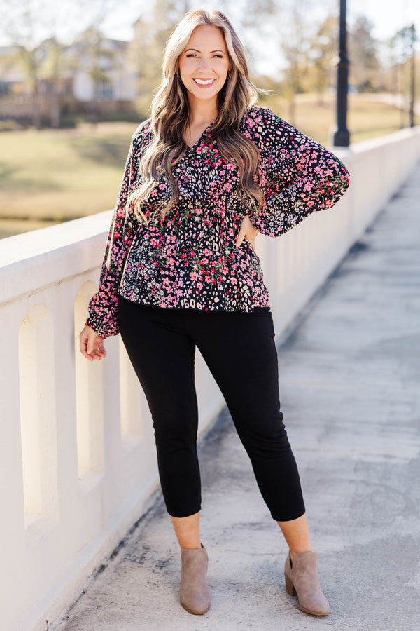 Chic Soul plus size clothing, black and pink multicolored floral flowy long sleeve top